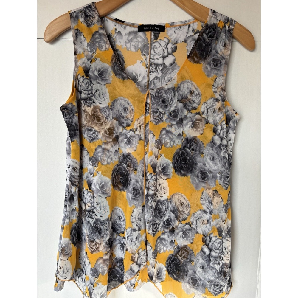 Adele & May Women's Medium? Sleeveless Tunic Top Yellow Floral Sheer Split Front
